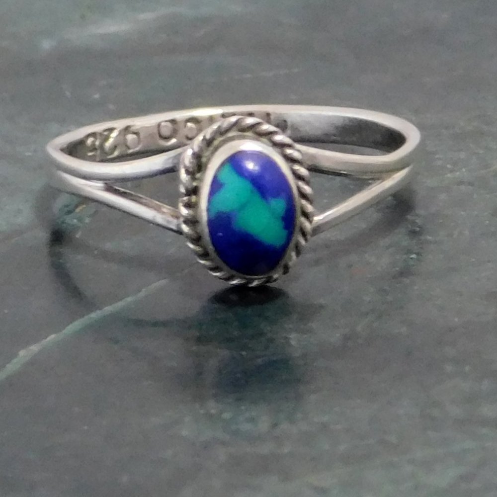 Mexican Childs Ring 925 Sterling Silver Azurite Size 4.25 Vintage Braided Petite